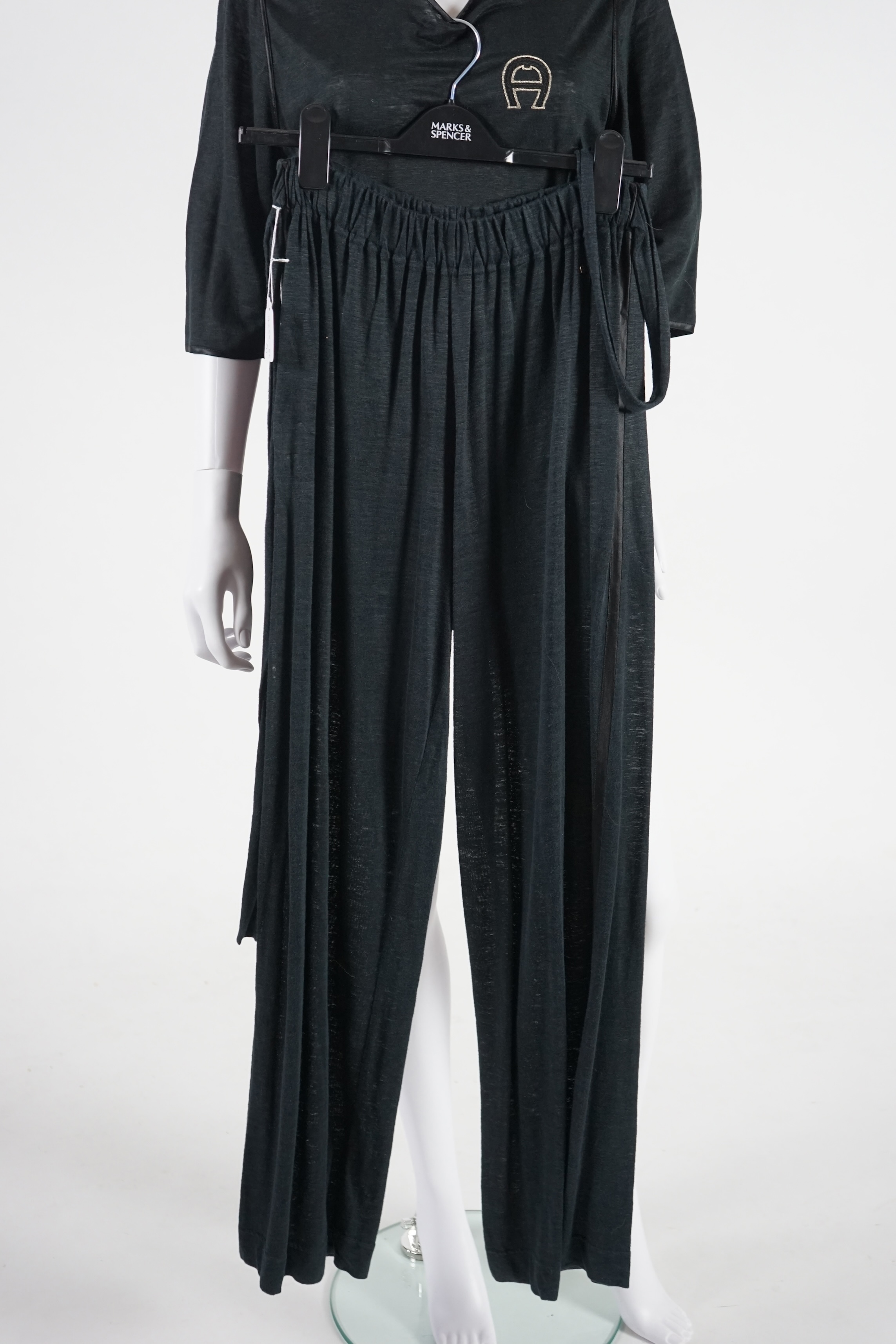 An assortment of lady's clothes including a knitted coat/cardigan, a Sahara velvet overshirt and linen trousers, a Joules white cotton lace top, an Aiger dark grey trouser and long sleeve lounge suit, etc. Sizes 14-16 Pr